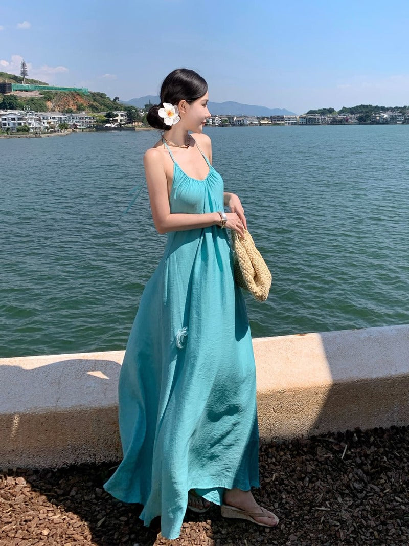Halter Neck Backless Rosette A-Line Maxi Dress