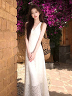 Beige Lace V-Neck Sleeveless Maxi Dress