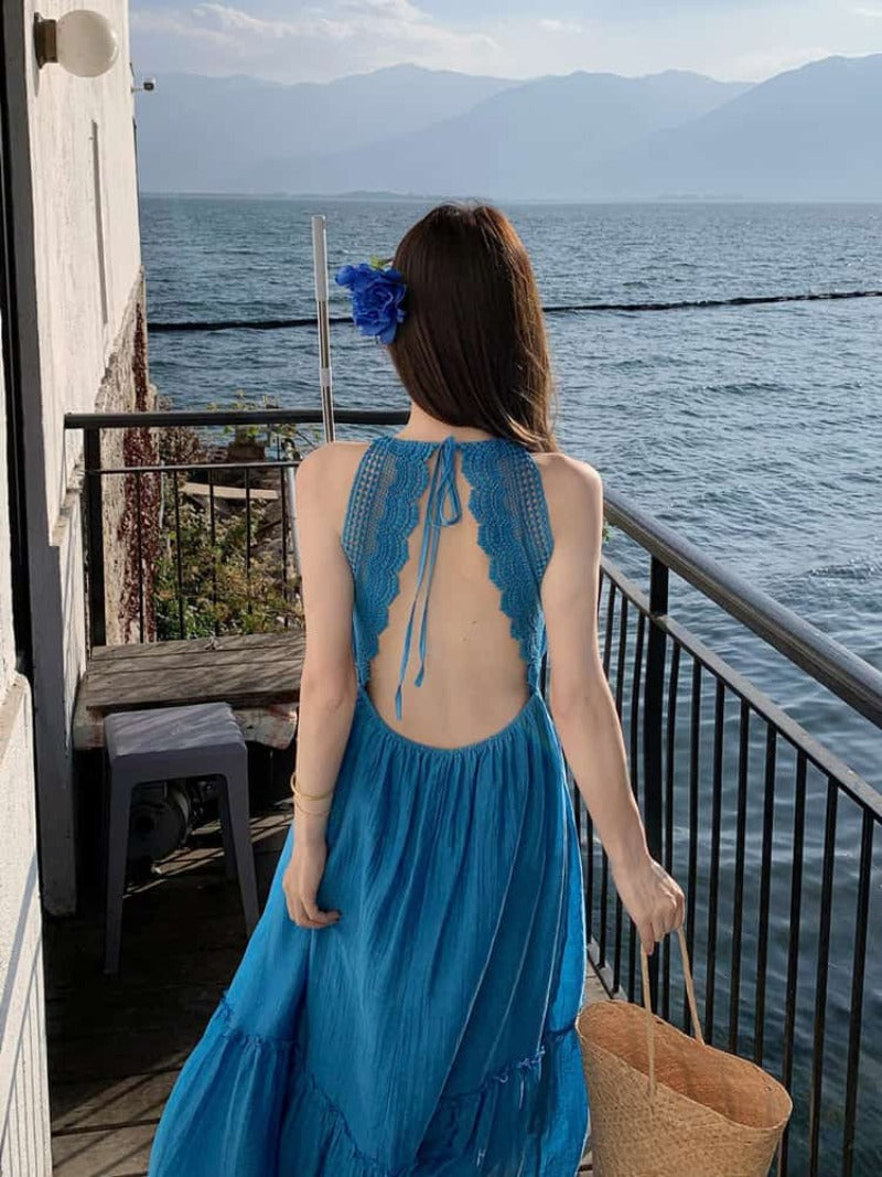 Lace Back Halter A-Line Maxi Dress