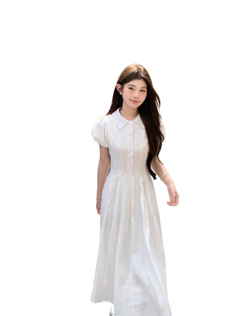 White Collared Button Front Waist Maxi Dress