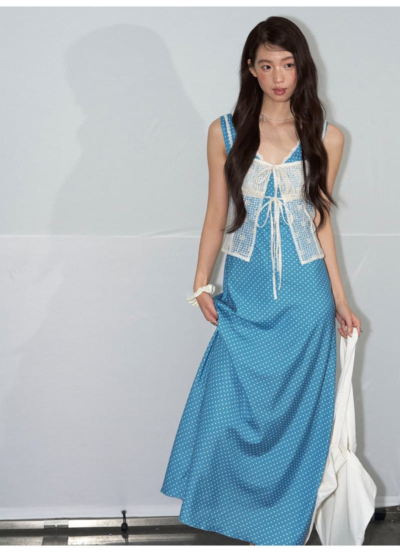 Blue Polka Dot V Neck Backless A-Line Maxi Dress Main image