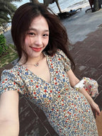 Ivory Floral V Neck Puff Sleeve Cotton Dress