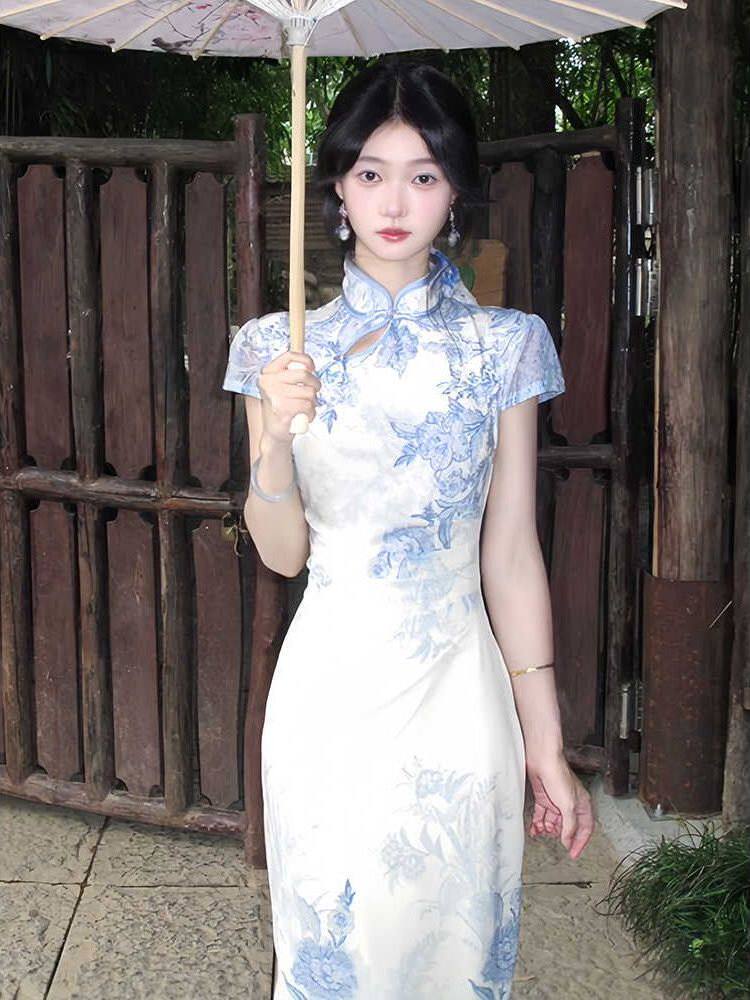 Blue Floral Mandarin Collar Short Sleeve Sheath Maxi Dress