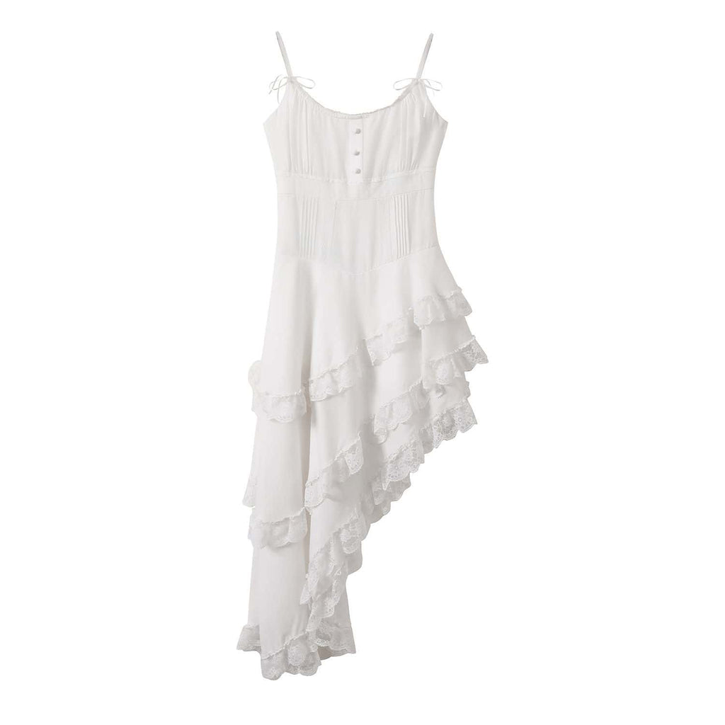 White Lace Trim Asymmetric Tiered Dress And Skirt