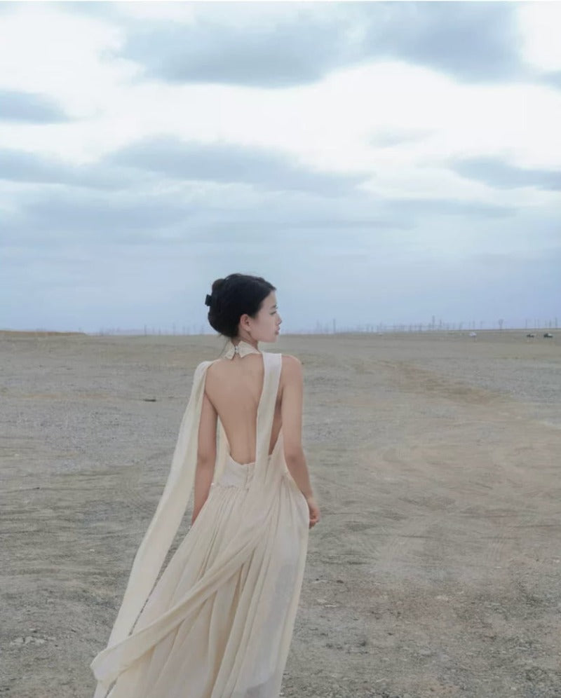Desert Goddess Apricot Scarf Halter Backless Maxi Dress