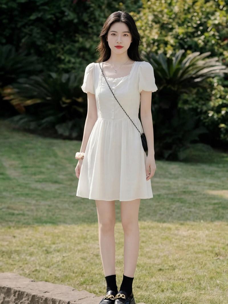 White Square Neck Puff Sleeve A-Line Mini Dress