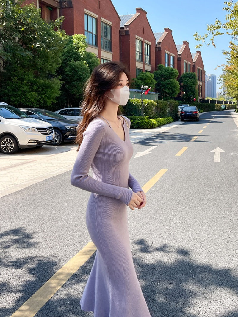V Neck Long Sleeve Ribbed Knit Mermaid Maxi Dress