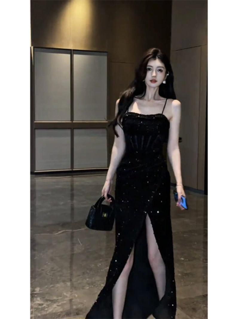 Black Sequin Spaghetti Strap High Slit Maxi Dress