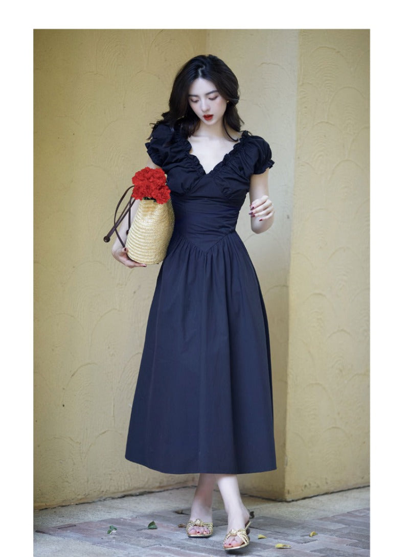 Pink/Black V Neck Ruffle Sleeve Midi Dress