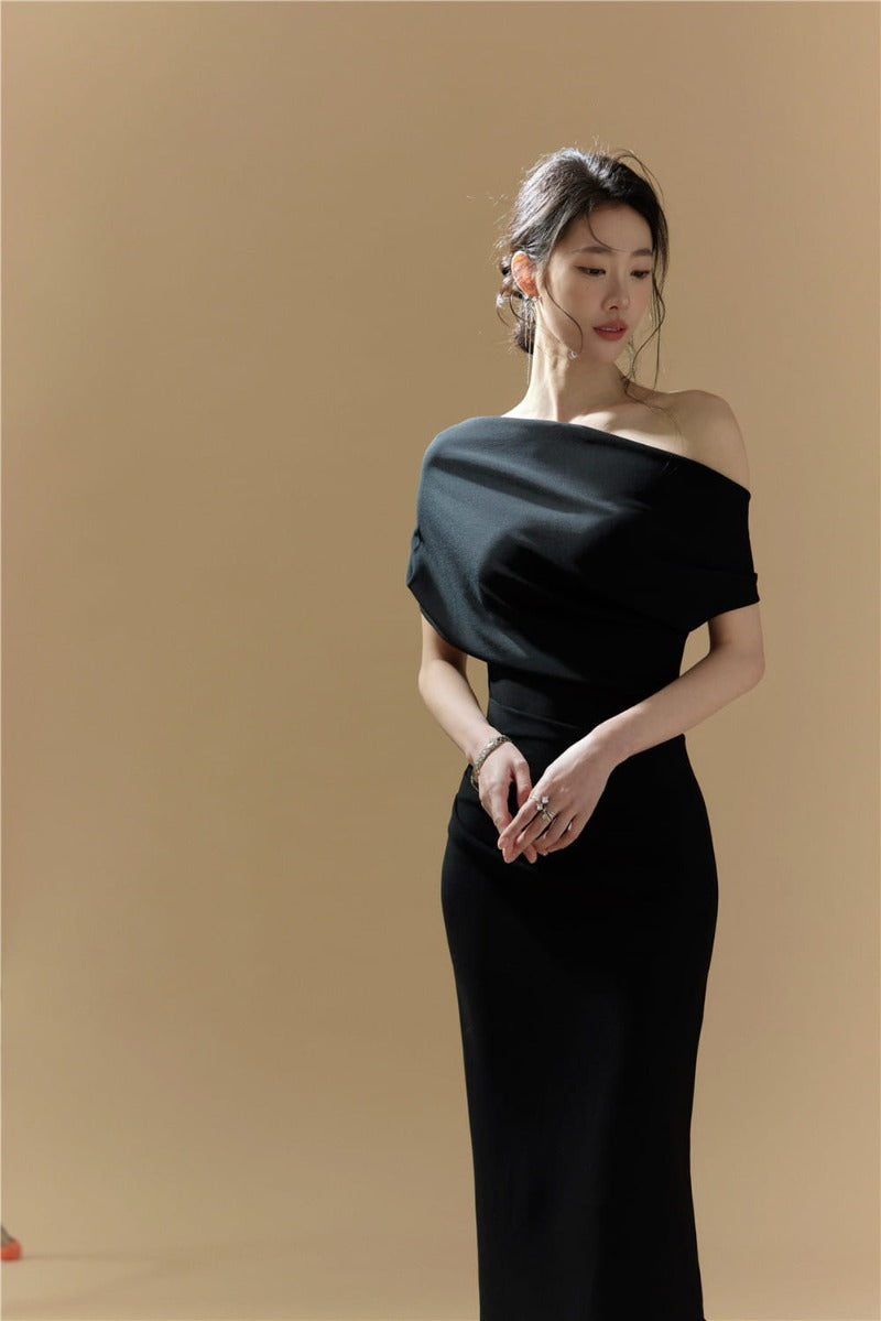 Asymmetric One Shoulder Draped Bodycon Midi Dress