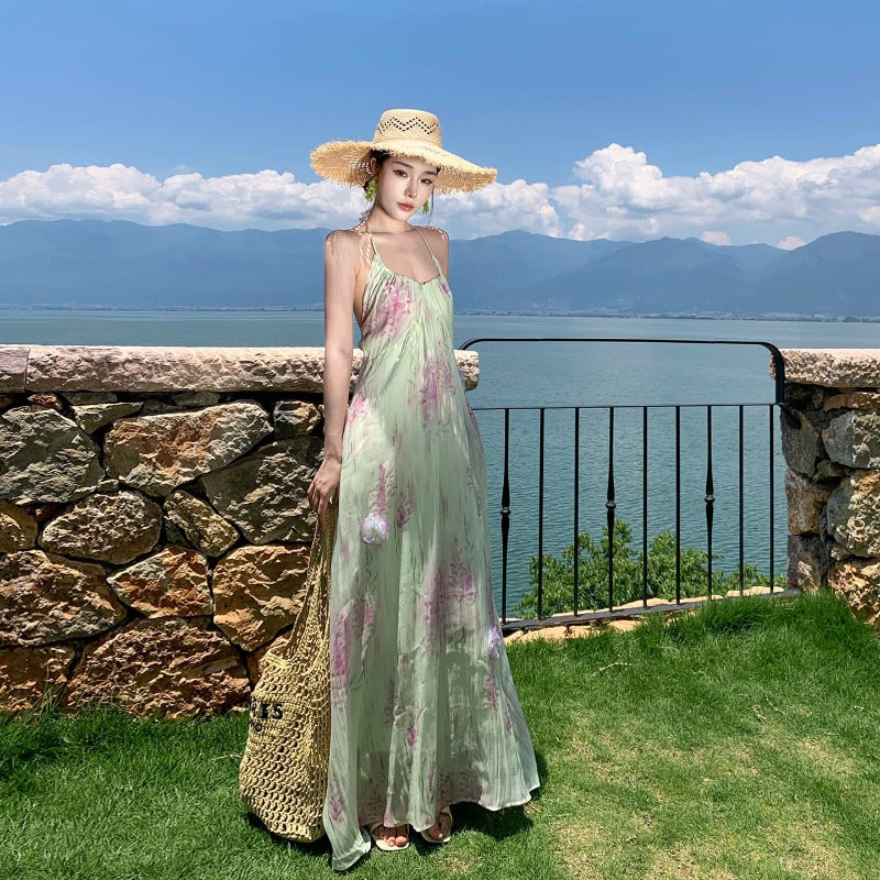 Halter Neck Backless Rosette A-Line Maxi Dress