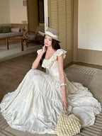 Ivory Ruffle Neck Embroidered Tiered Maxi Dress