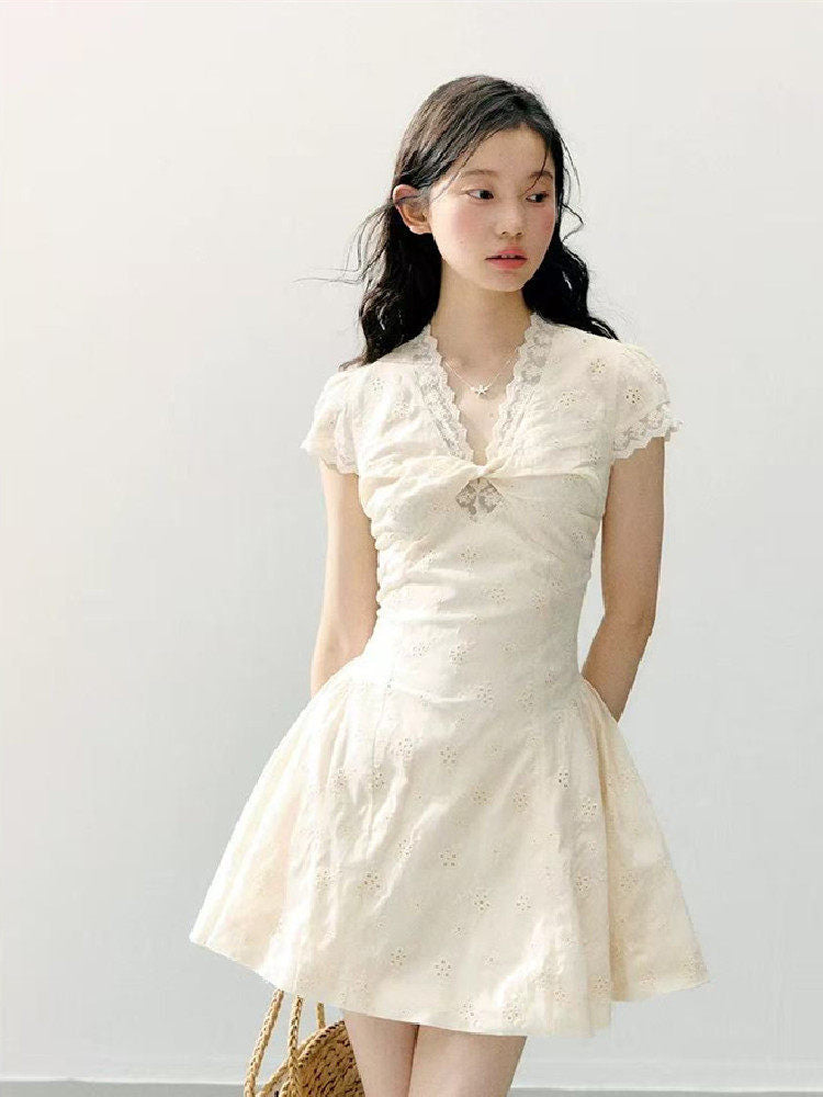 Ivory Lace Trim V Neck Puff Sleeve Fit-and-Flare Mini Dress