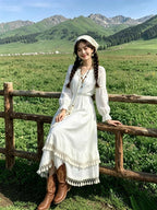 Ivory V Neck Tassel Trim Long Sleeve A-Line Midi Dress