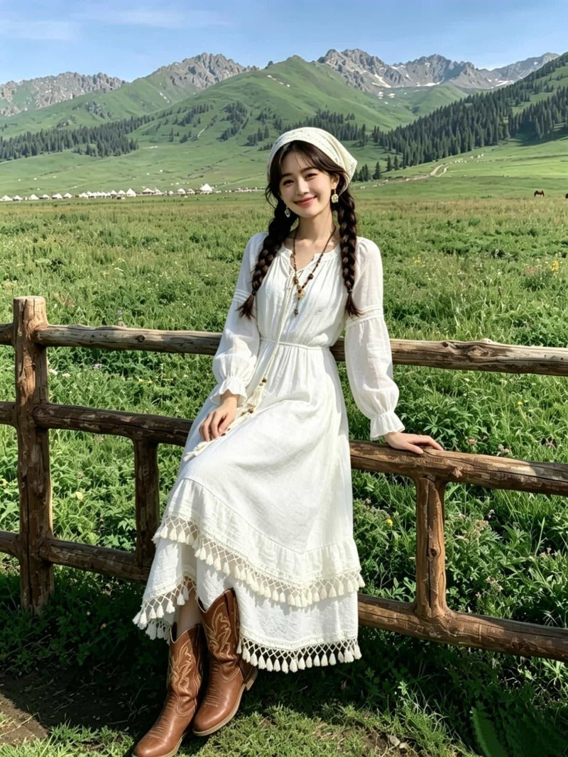 Ivory V Neck Tassel Trim Long Sleeve A-Line Midi Dress