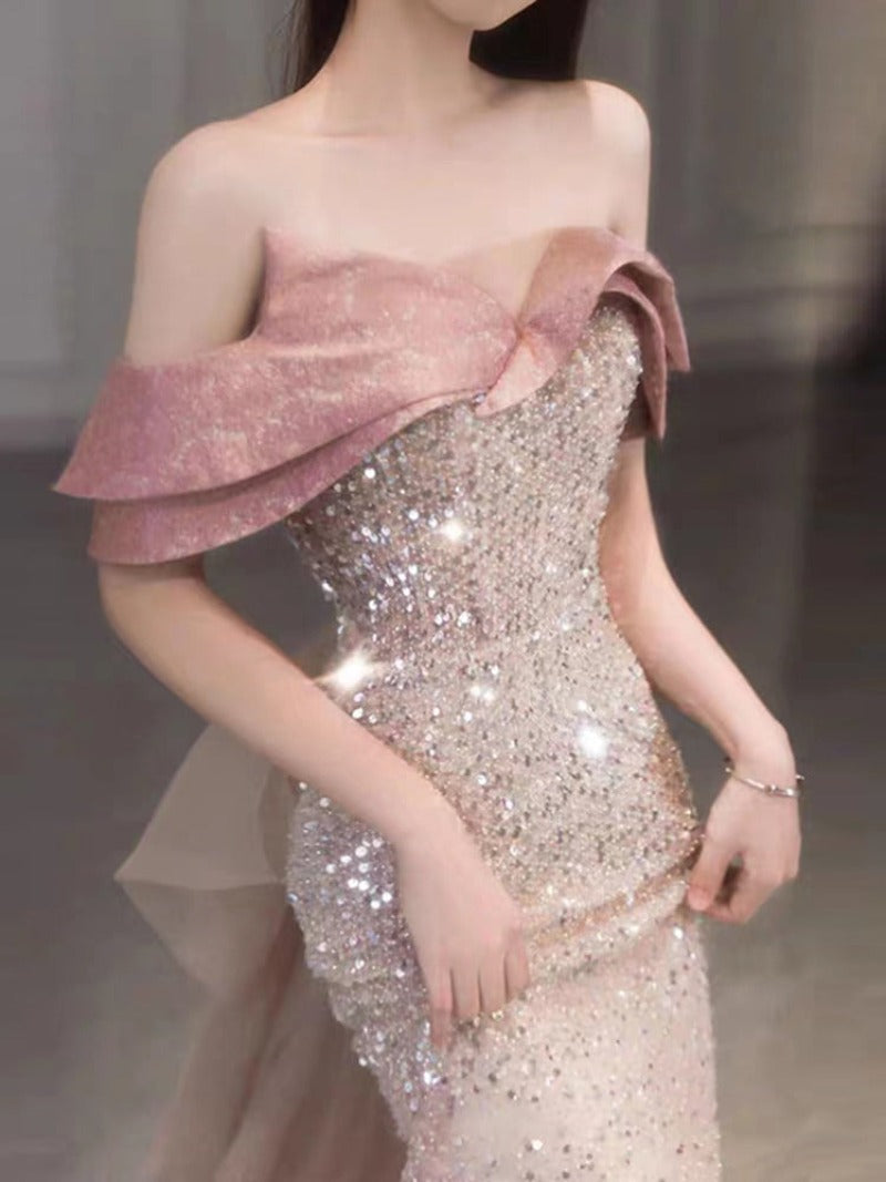 Pink Off Shoulder Sequin Mermaid Maxi Dress