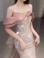 Pink Off Shoulder Sequin Mermaid Maxi Dress