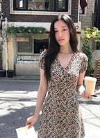 Ivory Floral V Neck Puff Sleeve Cotton Dress