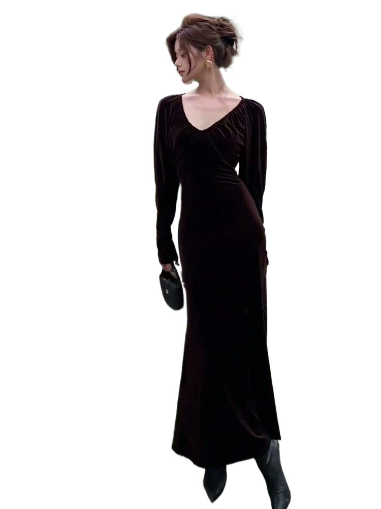 Coffee Velvet Ruched V Neck Long Sleeve Bodycon Maxi Dress