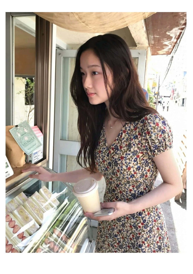 Ivory Floral V Neck Puff Sleeve Cotton Dress