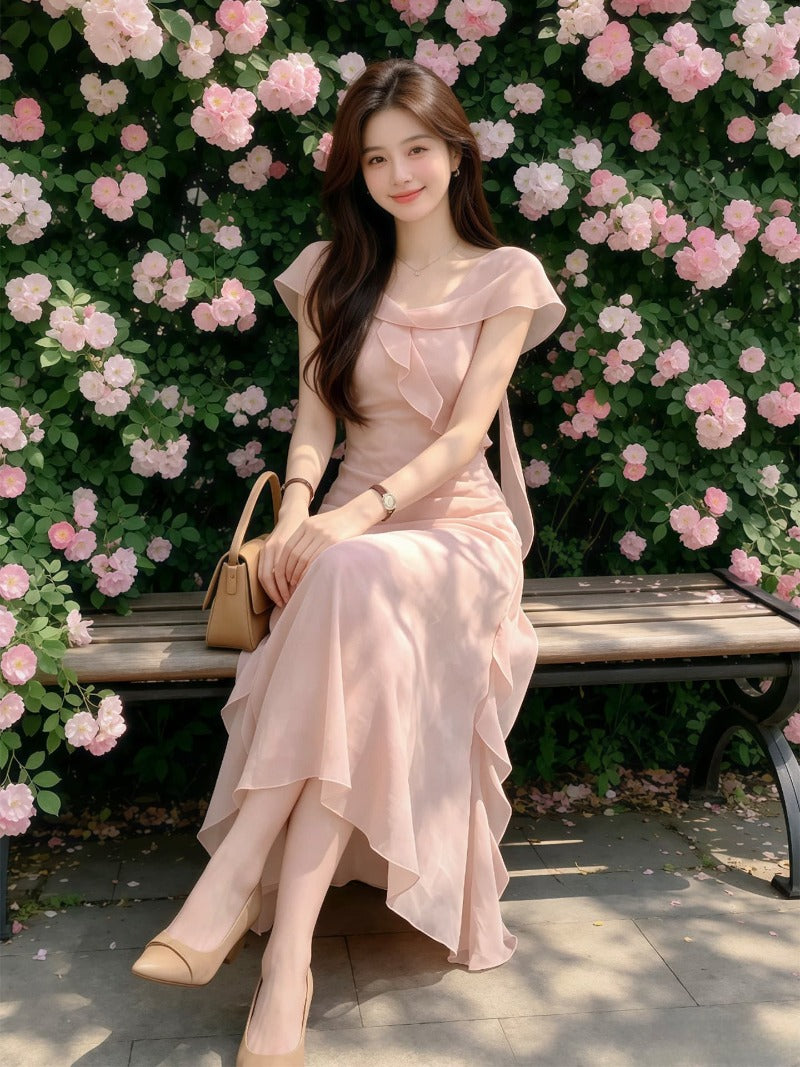 Pink Off-Shoulder Ruffle Mermaid Maxi Dress
