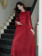 Elegant Pleated Lantern Sleeve Fit-and-Flare Maxi Dress
