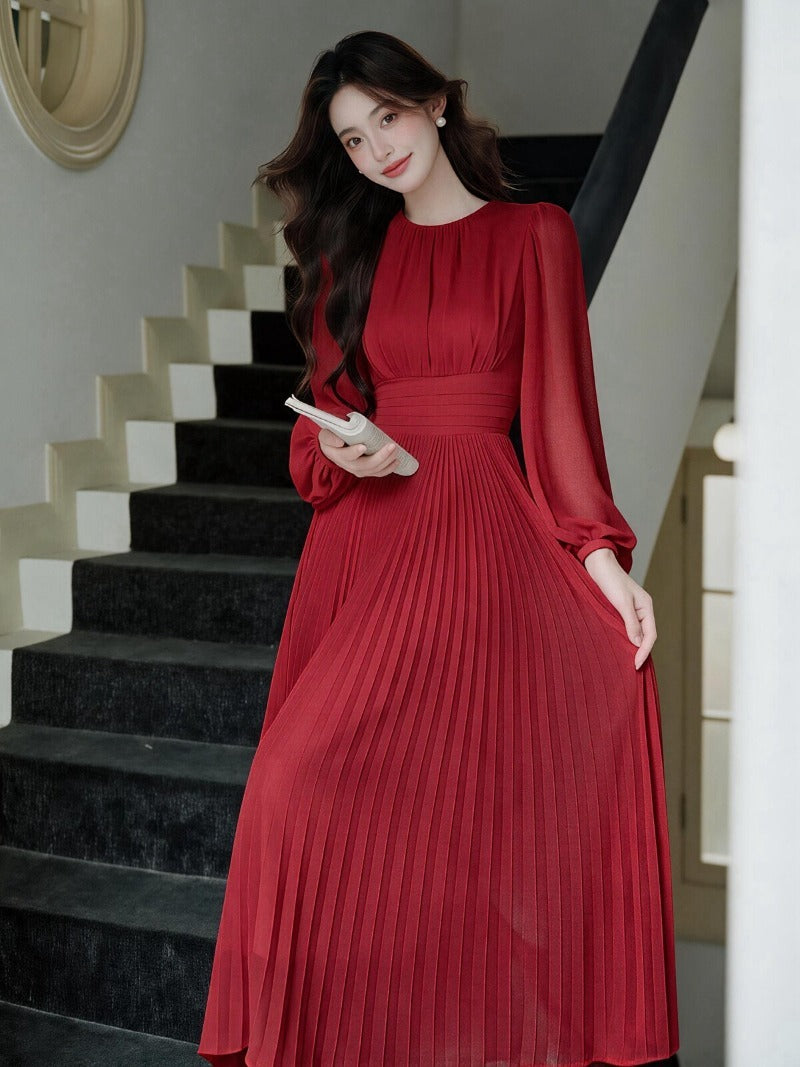 Elegant Pleated Lantern Sleeve Fit-and-Flare Maxi Dress