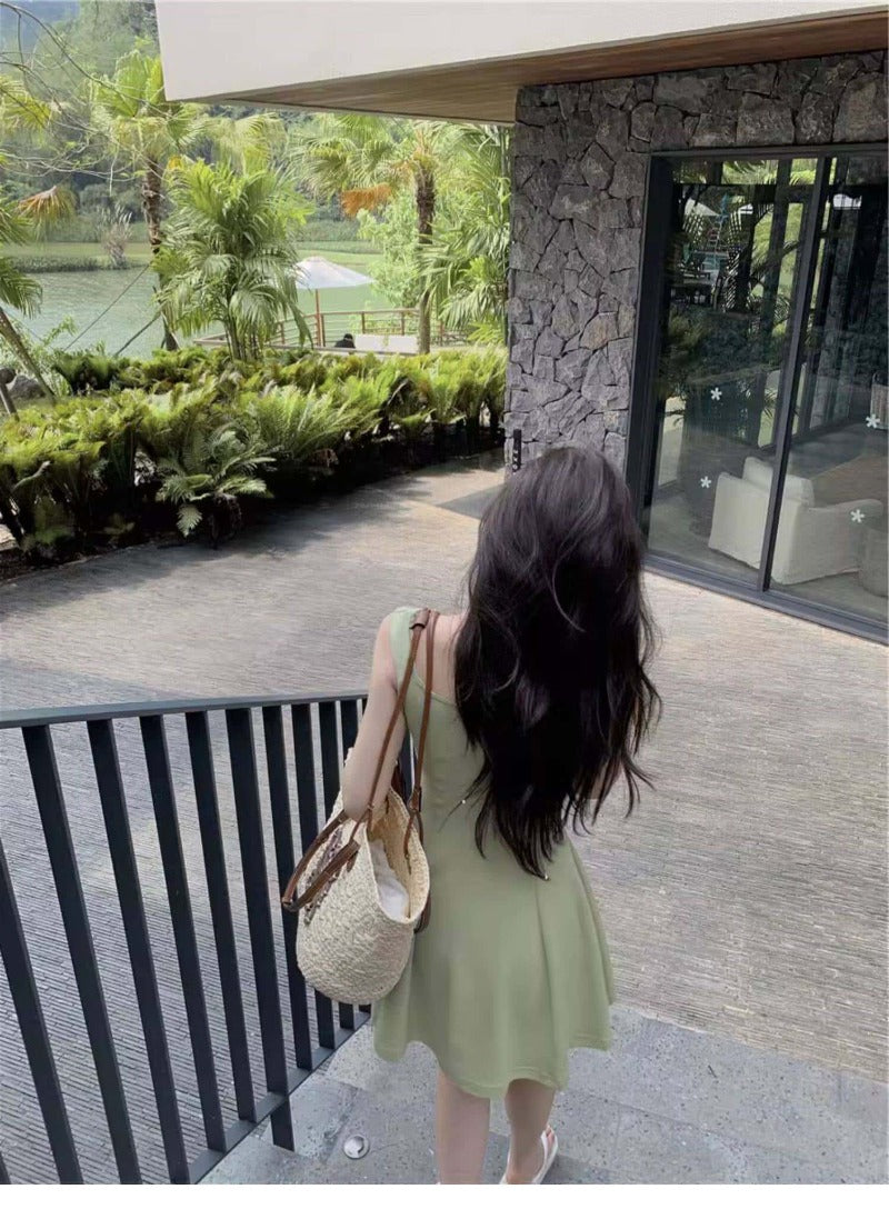 Navy/Green/Grey/Black Square Neck Sleeveless A Line Mini Dress