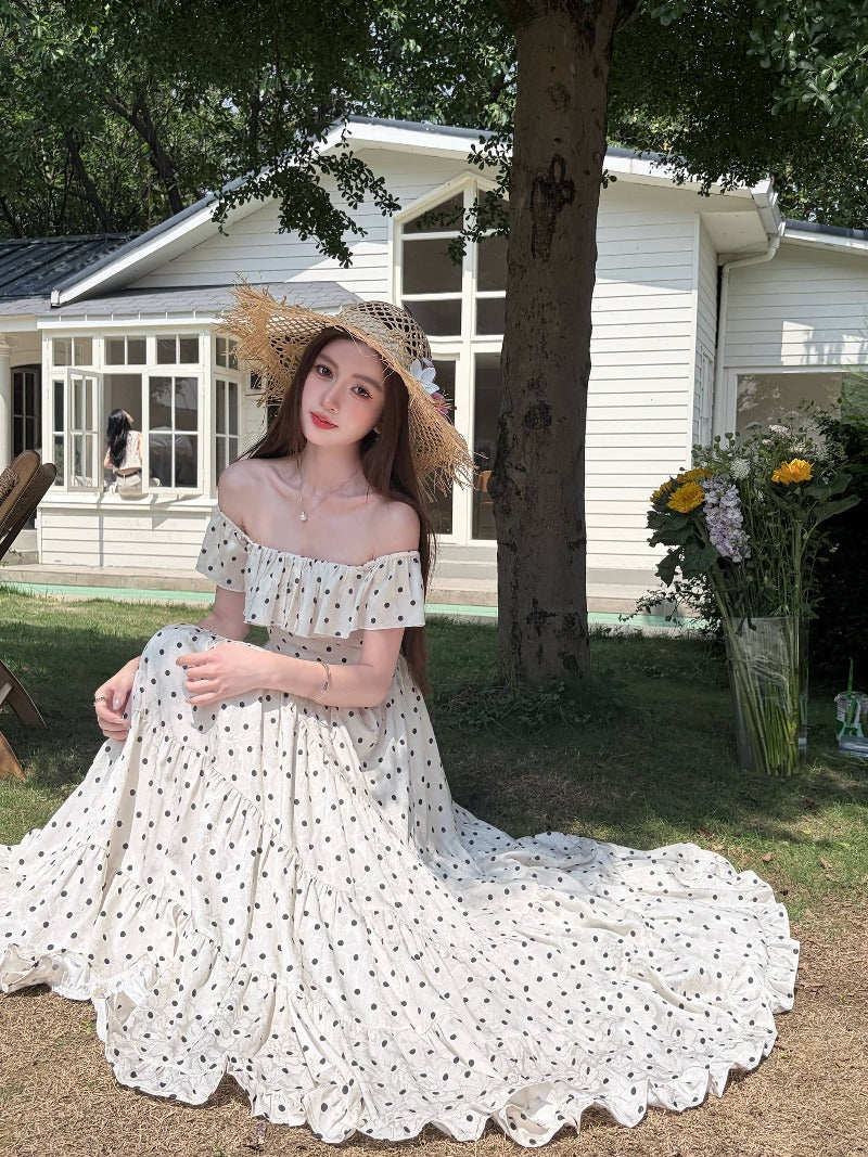 Off-Shoulder Polka Dot Tiered Maxi Dress