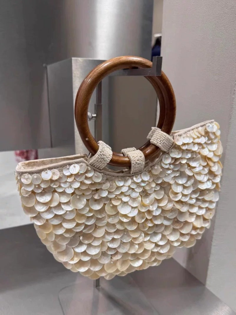 Ivory Shell Detail Evening Bag with Ring Handle