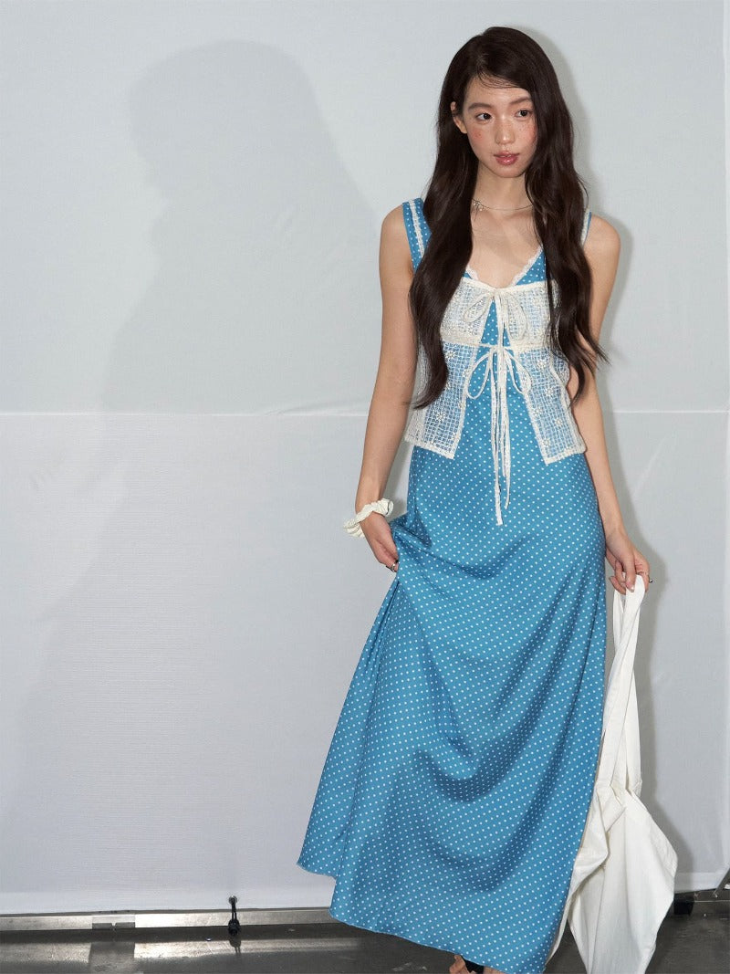 Blue Polka Dot V Neck Backless A-Line Maxi Dress