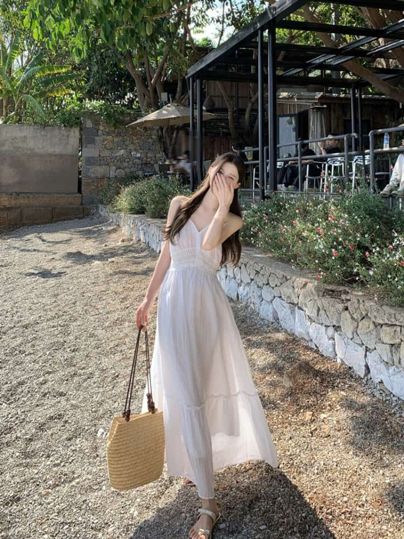 Lace Back Halter A-Line Maxi Dress