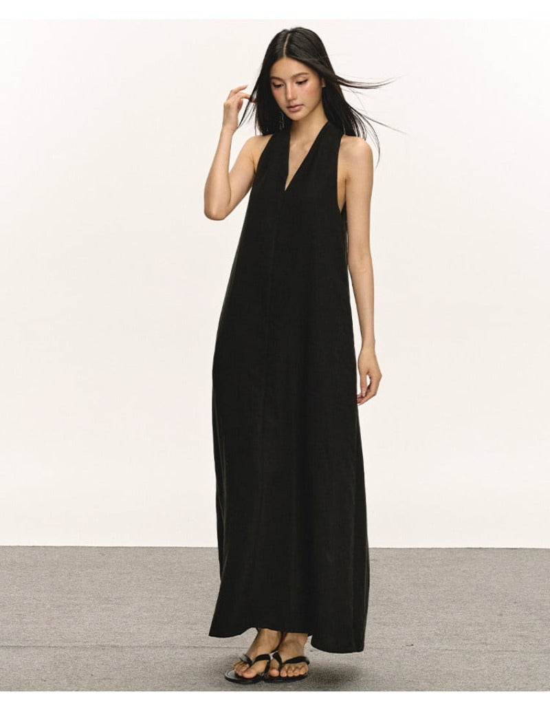 Lyocell Linen V Neck Sleeveless A-Line Maxi Dress