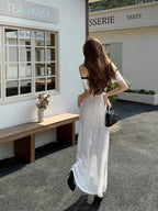 Romantic Ivory Lace Mesh Tiered Asymmetric Midi Dress