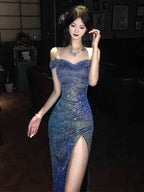 Blue Off Shoulder Sequin Ruched Slit Mermaid Maxi Dress