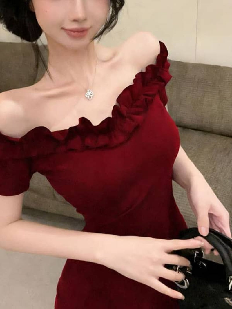 Burgundy/Black Off Shoulder Ruffle Bodycon Mini Dress