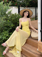 Sunlit Yellow Mesh Panel Mermaid Maxi Dress