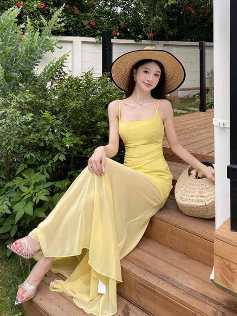 Sunlit Yellow Mesh Panel Mermaid Maxi Dress