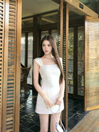 Ivory Pearl Beaded Square Neck A-Line Mini Dress