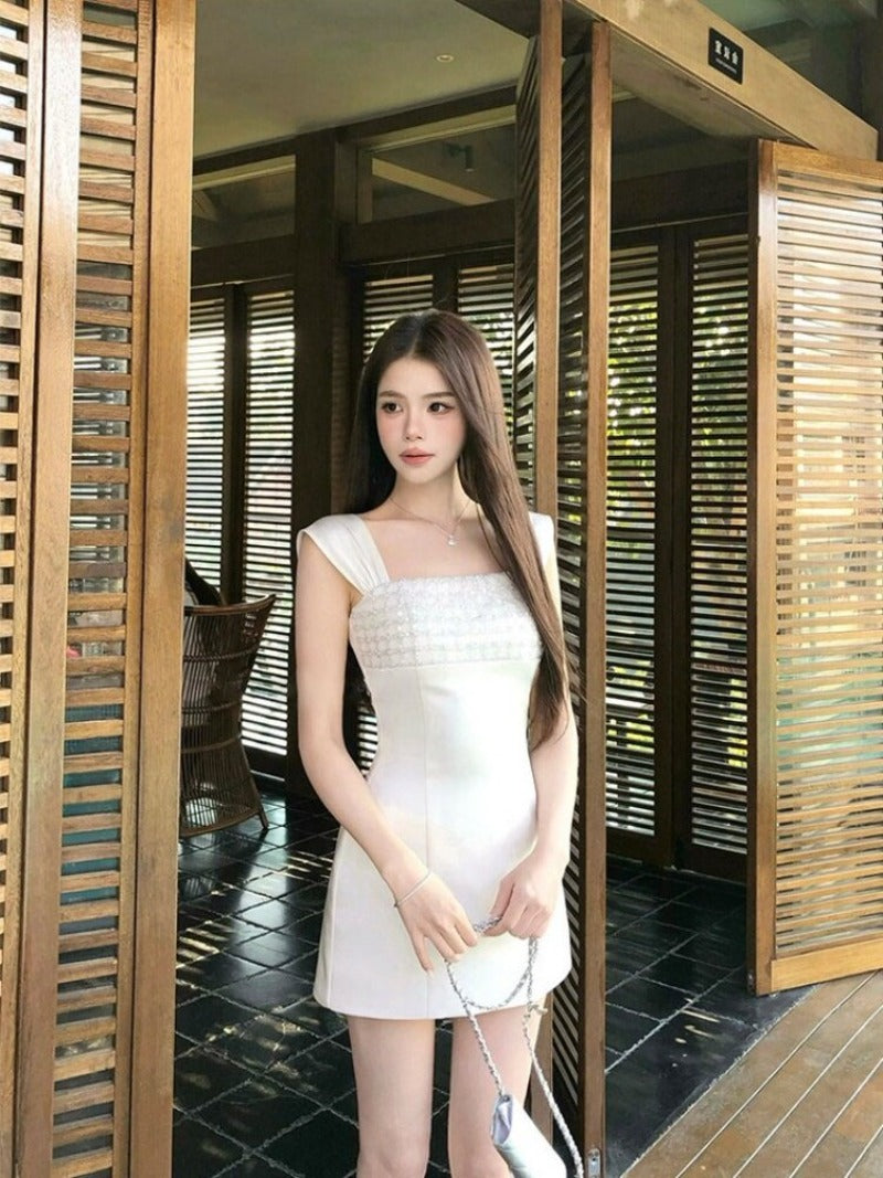 Ivory Pearl Beaded Square Neck A-Line Mini Dress