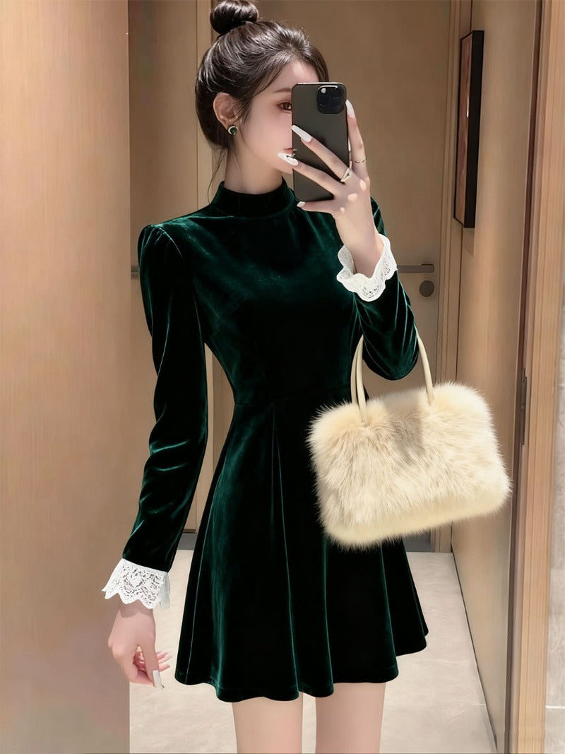 Green Velvet Lace Mock Neck A-Line Mini Dress