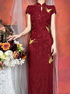 Red Mandarin Collar Butterfly Embroidered Qipao Midi Dress