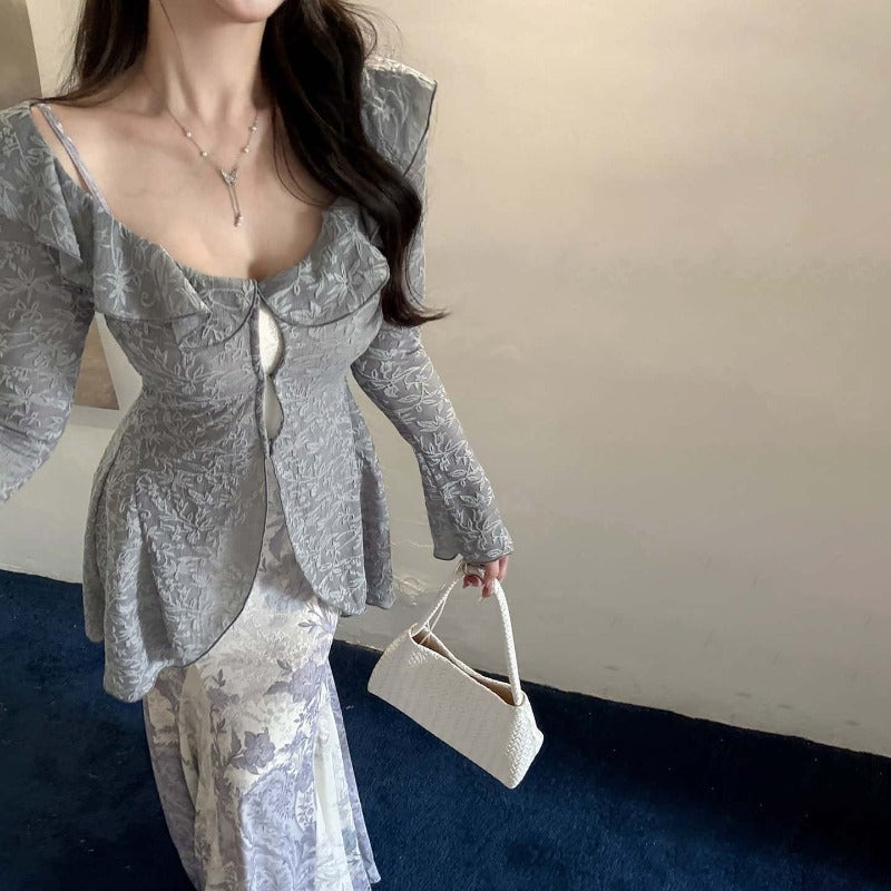 Purple Floral Cami Maxi Dress and Gray Cardigan Set Secondary image