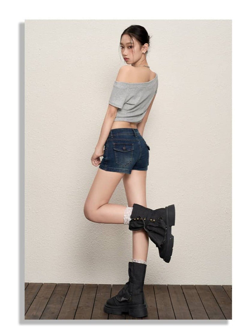 Dark Blue Low Rise Stretch Denim Shorts - EveningVerse - 4