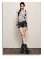 Dark Blue Low Rise Stretch Denim Shorts - EveningVerse - 3
