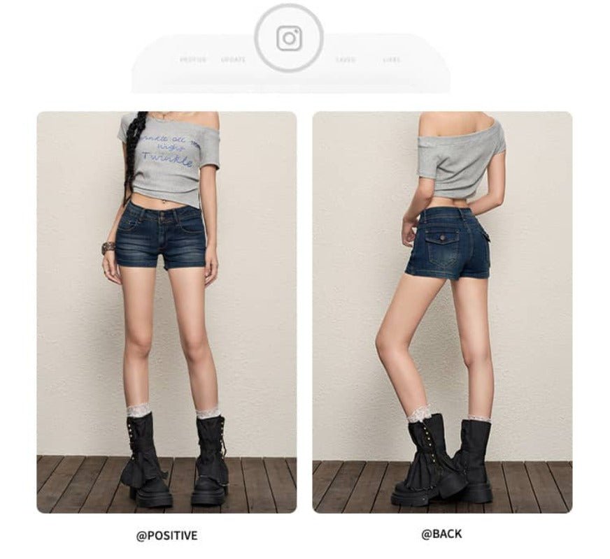 Dark Blue Low Rise Stretch Denim Shorts - EveningVerse - 7