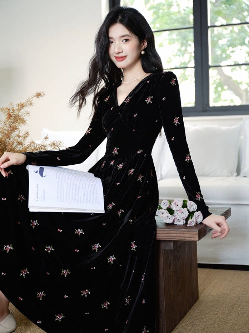 Black Floral Embroidered Velvet V Neck A-Line Maxi Dress