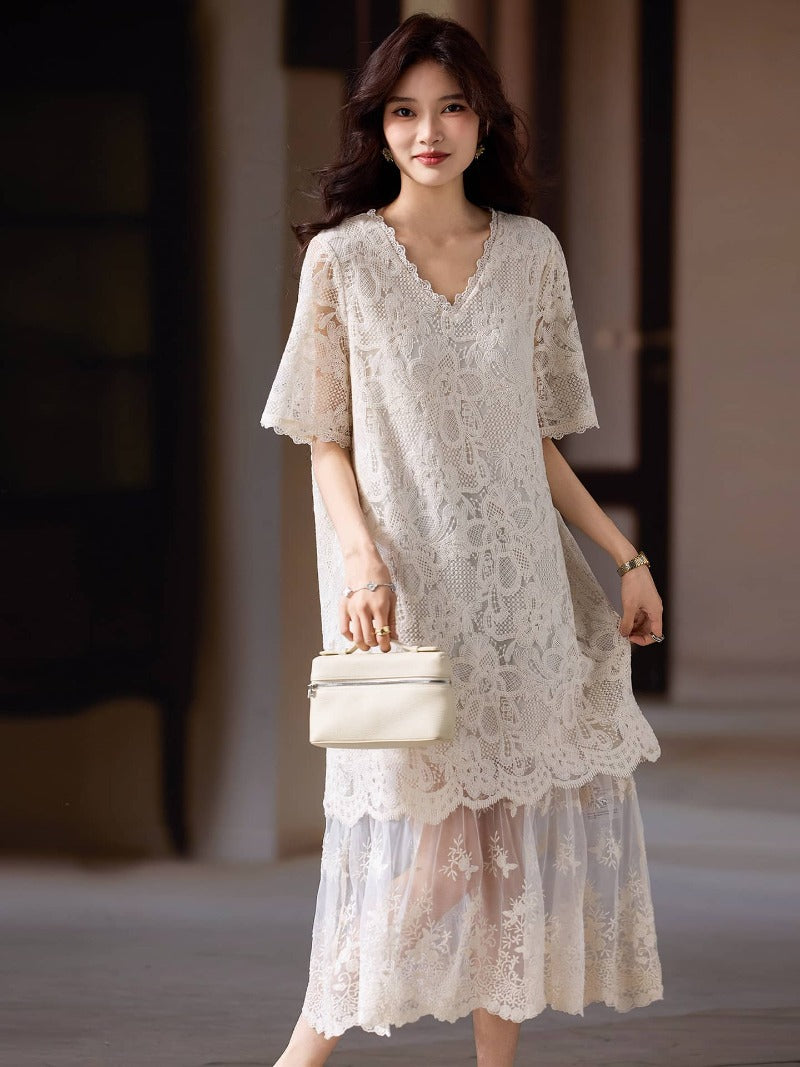 Ivory V Neck Lace Short Sleeve Shift Midi Dress