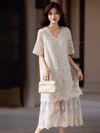 Ivory V Neck Lace Short Sleeve Shift Midi Dress