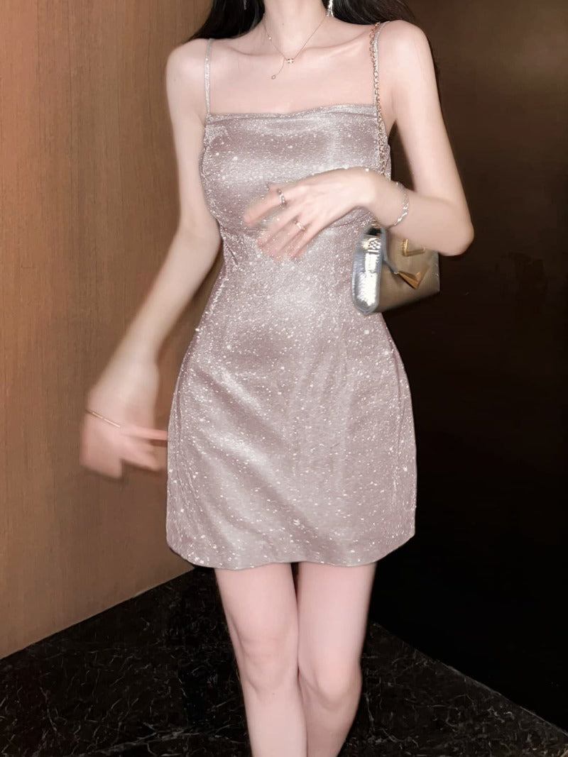 Pink Glitter Spaghetti Strap Mini Dress